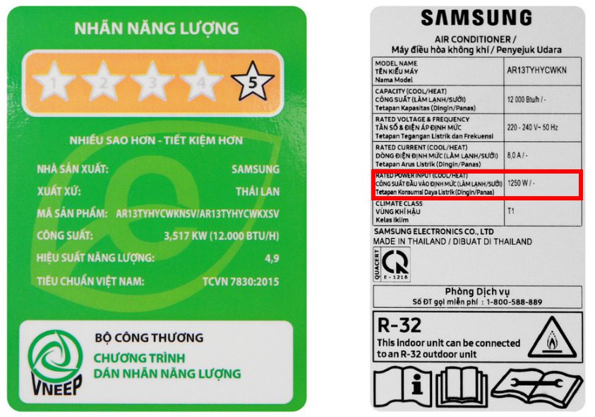 Công Suất điện Của điều Hoà Samsung 12000btu