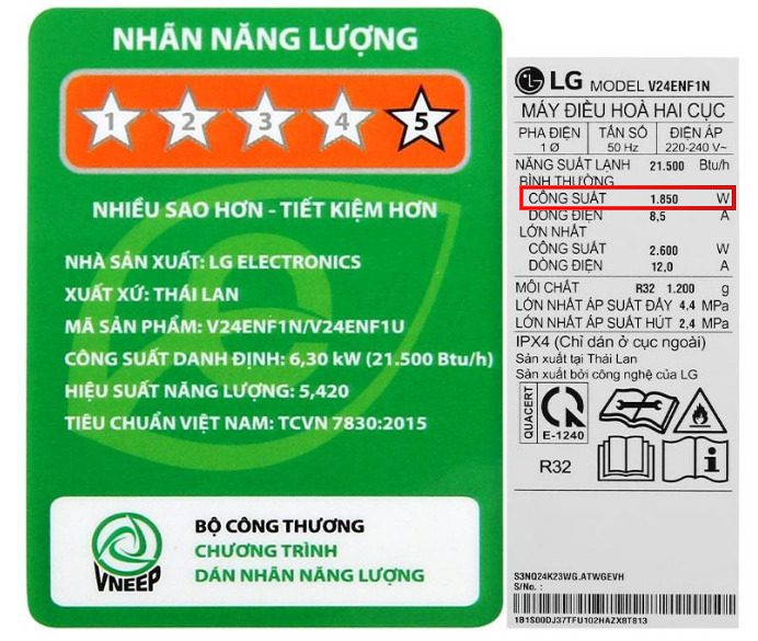 Công Suất Tiêu Thụ điện Của điều Hoà Lg 24000