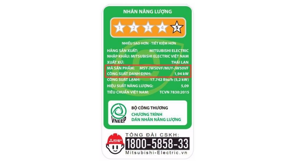 Công suất tiêu thụ điện của điều hòa Mitsubishi 18000BTU