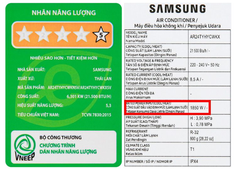 Công Suất Tiêu Thụ điện Của điều Hoà Samssung 24000btu