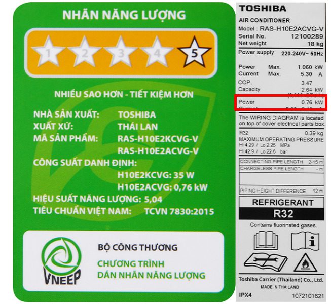 Công Suất Tiêu Thụ điện Của Máy Lạnh Toshiba 1hp