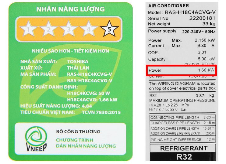 Công Suất Tiêu Thụ điện Của Máy Lạnh Toshiba 2HP