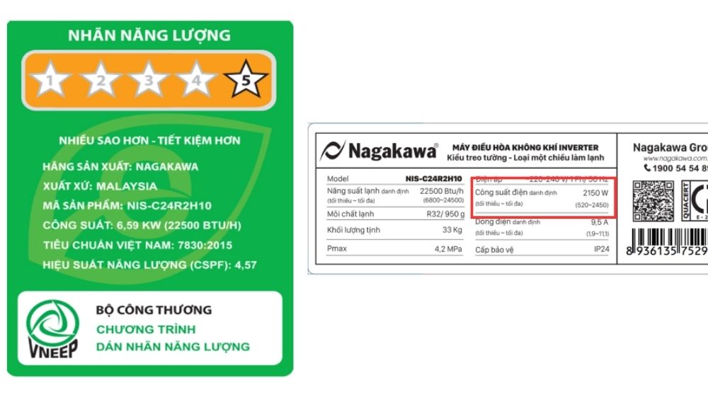 Công suất tiêu thụ điện của điều hòa Nagakawa 24000BTU