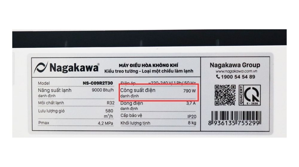 Công suất tiêu thụ điện của điều hòa Nagakawa 9000BTU