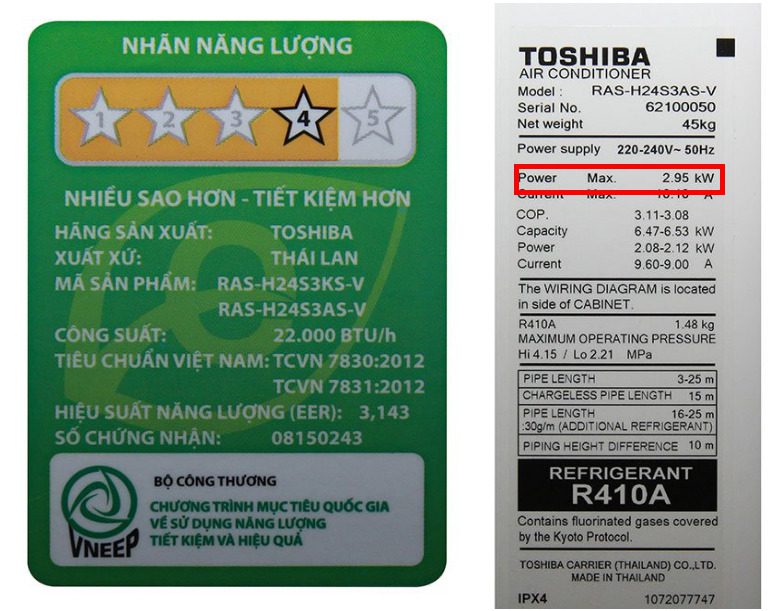 Công suất Tiêu Thụ Của điều Hoà Toshiba 24000btu