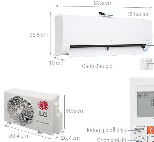 Kích thước cục nóng - lạnh máy lạnh LG 1 HP V10APFP