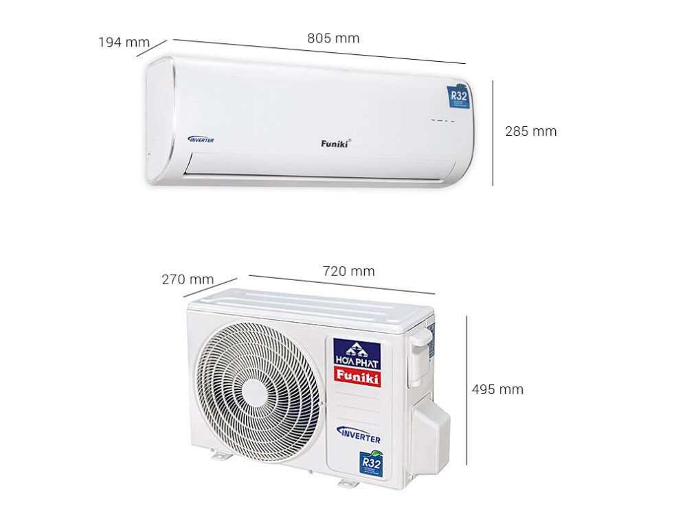 Kích thước cục nóng - lạnh điều hòa Funiki 12000BTU HIC12TMU