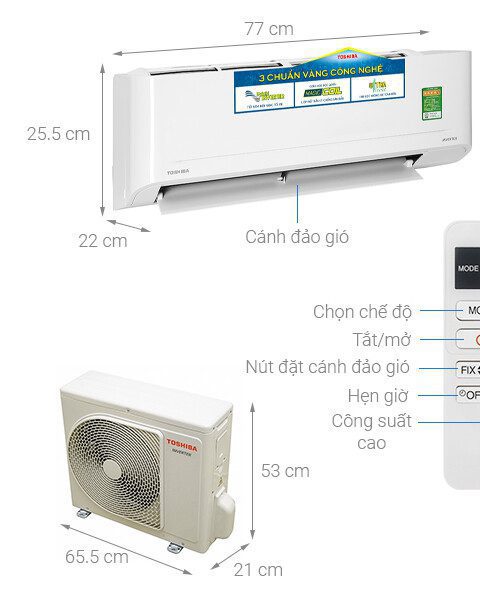 Kích thước cục nóng - lạnh điều hòa Toshiba 9000BTU RAS-H13C4KCVG-V