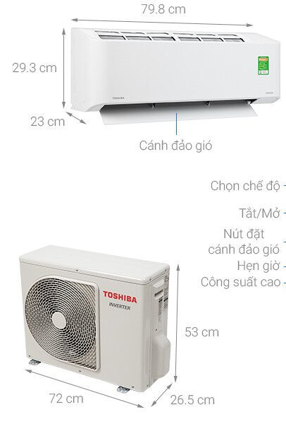 Kích thước cục nóng - lạnh điều hòa Toshiba 9000BTU RAS-H13C2KCVG-V