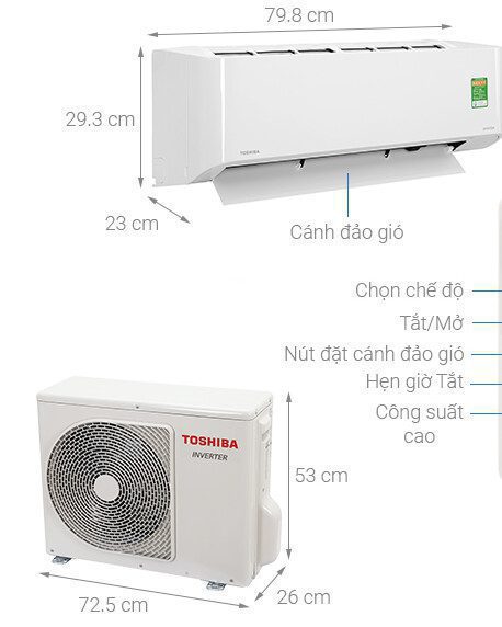 Kích thước cục nóng - lạnh điều hòa Toshiba 9000BTU RAS-H13L3KCVG-V