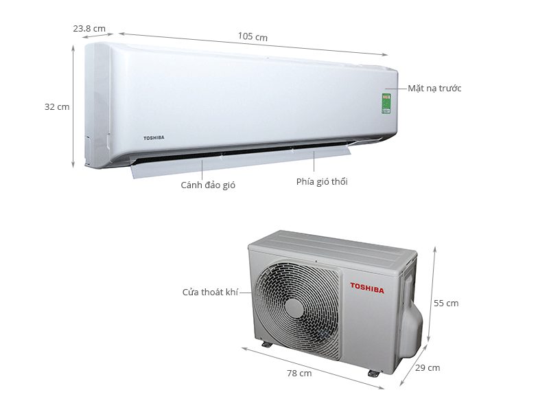 Kích thước cục nóng - lạnh điều hòa Toshiba 24000BTU RAS-H24U2KSG-V