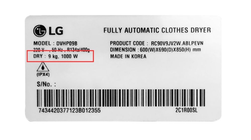 Công Suất Máy Sấy Lg 9kg