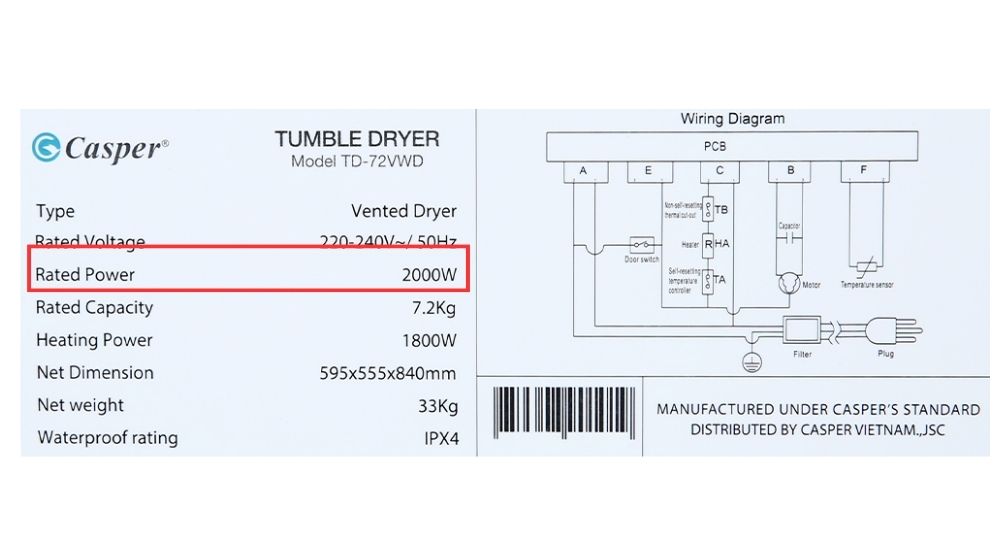 Cách xem công suất máy sấy quần áo Casper