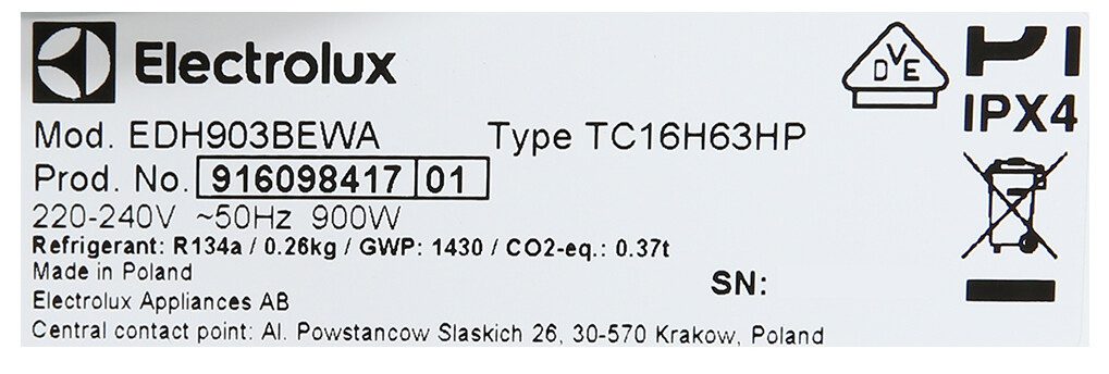 Công suất tiêu thụ của máy sấy Electrolux 9kg