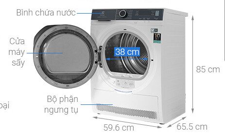 Kích thước máy sấy bơm nhiệt Electrolux 9 kg EDH903R9WB