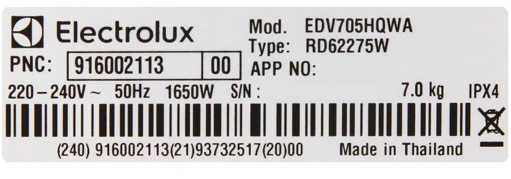 Công suất tiêu thụ điện máy sấy Electrolux 7 Kg 