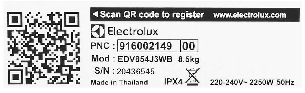 Công suất tiêu thụ của máy sấy Electrolux 8.5kg