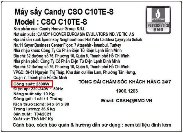 Công Suất Máy Sấy Quần áo Candy