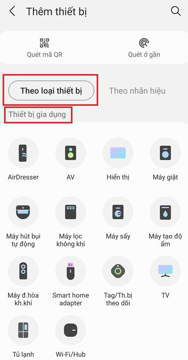 Lựa chọn theo loại thiết bị mà bạn muốn kết nối. Ứng dụng hỗ trợ 2 nhóm thiết bị là: Thiết bị gia dụng và Thiết bị cảm biến.