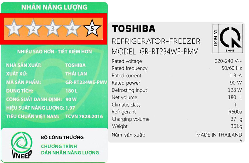 Nhãn Năng Lượng Tủ Lạnh Toshiba Tiết Kiệm điện