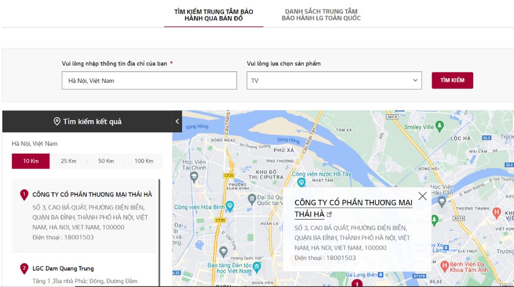 nhập thông tin tìm trung tâm bảo hành LG gần nhất