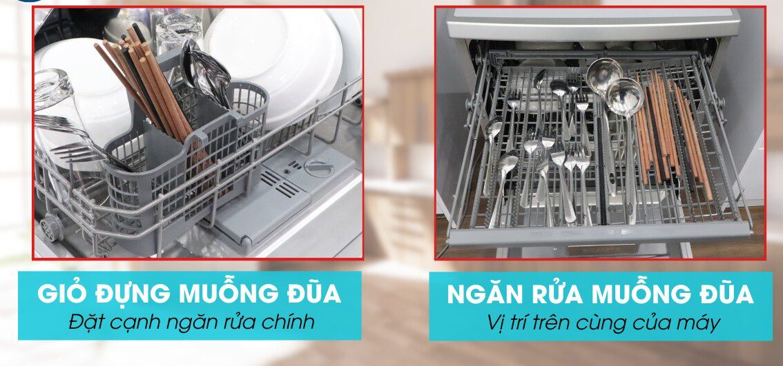 Hai thiết kế vị trí để muỗng đĩa trên các dòng máy rửa chén khác nhau