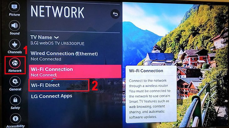 Chọn Network (Mạng) > Chọn Wifi Direct. Chọn Network (Mạng) > Chọn Wifi Direct.