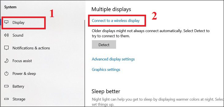 Chọn Display > Chọn Connect to a wireless display. Chọn Display > Chọn Connect to a wireless display.