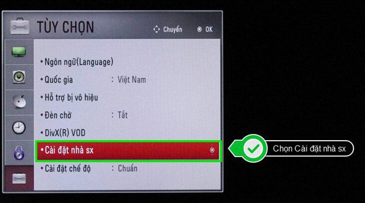 Bước 3: Chọn phần Cài đặt nhà sản xuất > chọn Có, lúc này tivi sẽ tiến hành thiết lập lại cài đặt gốc trong khoảng 3 - 5 phút Bước 3: Chọn phần Cài đặt nhà sản xuất > chọn Có, lúc này tivi sẽ tiến hành thiết lập lại cài đặt gốc trong khoảng 3 - 5 phút