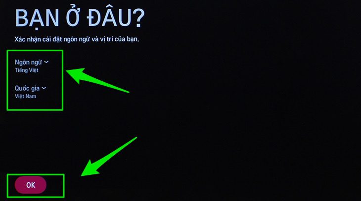 Bước 5: Bấm nút OK trên remote, tiến hành thiết lập ngôn ngữ và quốc gia Chọn ngôn ngữ, Quốc gia
