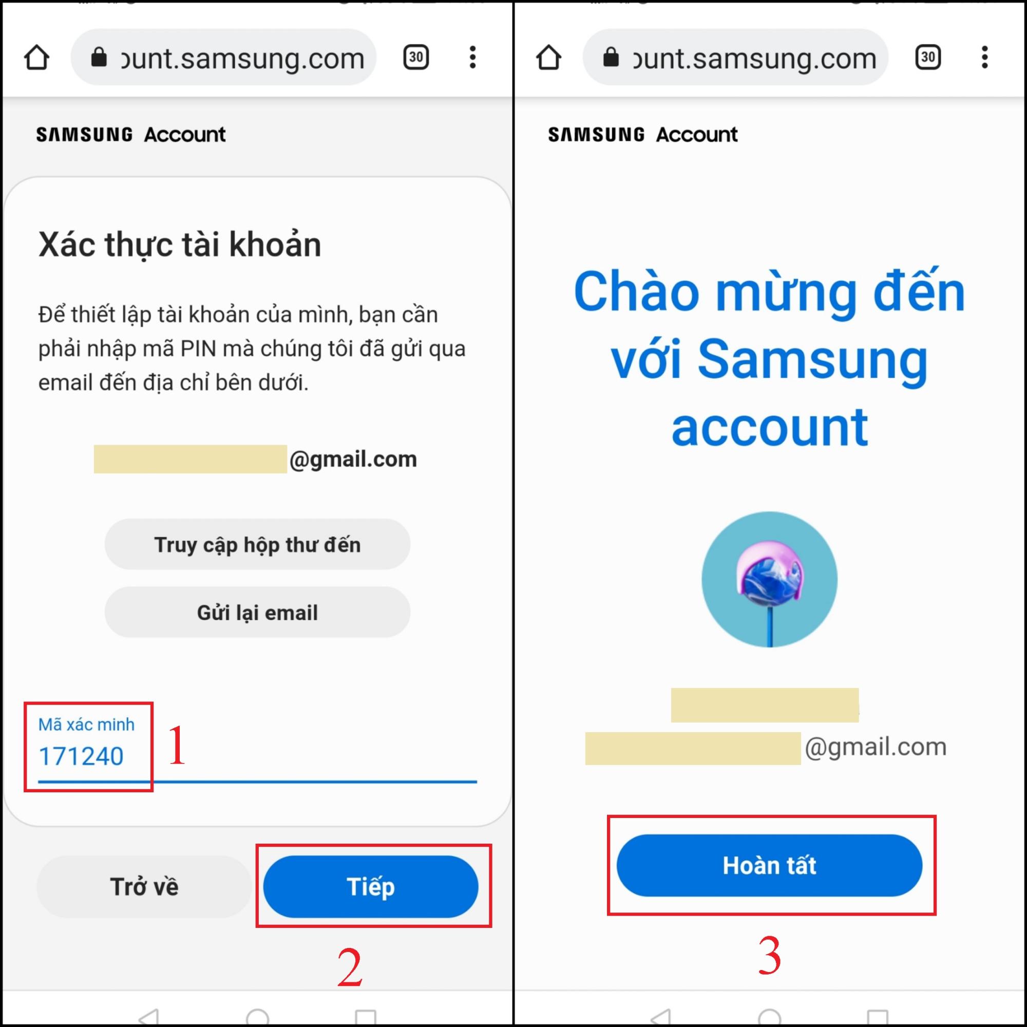hoàn tất đăng ký tài khoản Samsung trên điện thoại