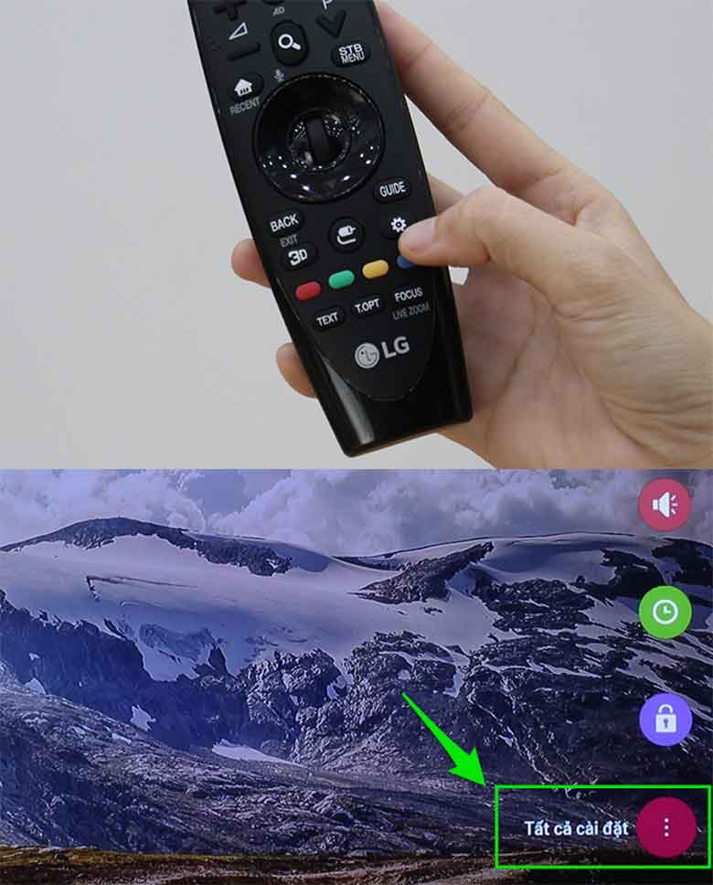 Cách dò kênh tivi LG 2016 thực hiện tiếp chọn nút Home và chọn nút Tất cả cài đặt