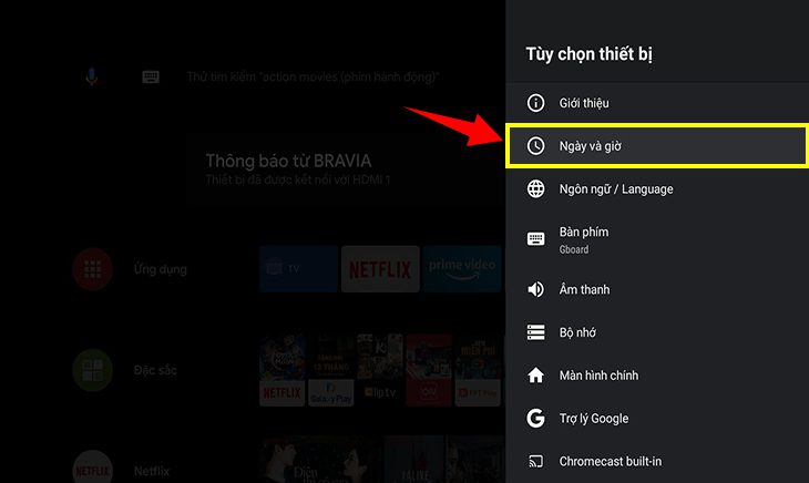 Chọn mục Ngày và giờ