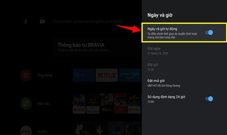Chọn mở Ngày và giờ tự động để hệ thống tự cập nhật ngày và giờ