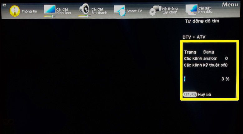 Cách dò kênh tự động cho smart tivi Sharp tivi Sharp đang tiến hành dò kênh tự động