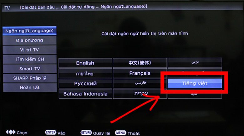 cài đặt ngôn ngữ cho tivi sharp aquos