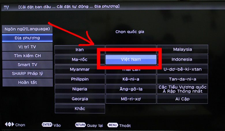cài đặt địa phương cho tivi sharp