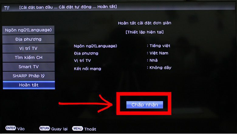 hoàn tất cài đặt tivi Sharp