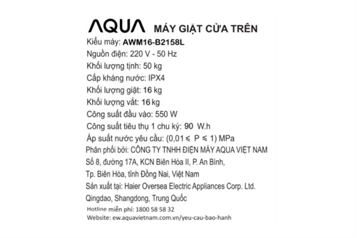 - Máy giặt Aqua AWM16-B2158L(B) - hình số 6
