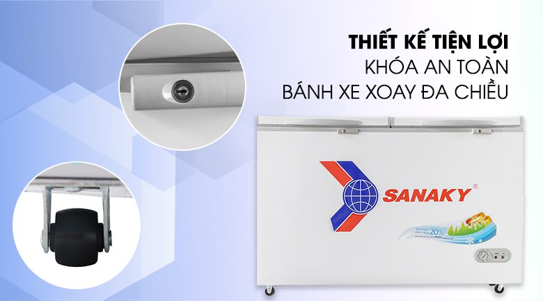 Tích hợp nhiều tiện ích như: khóa cửa tủ, 4 bánh xe ở chân tủ