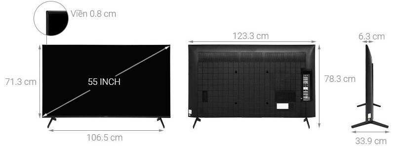 Kích thước dài cao rộng bên ngoài của tivi Sony 55 inch