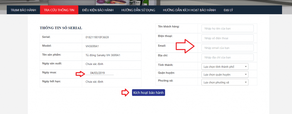 Tự kích hoạt bảo hành điện tử trên website Sanaky - bước 3 nhập thông tin
