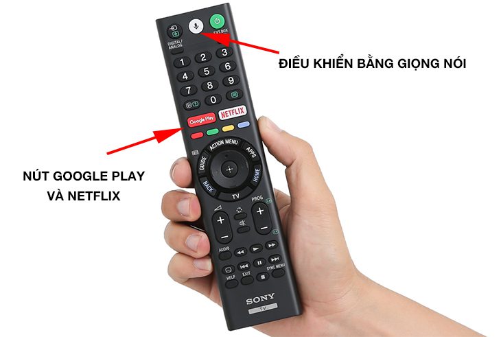 Điều khiển tivi Sony Điều khiển tivi Sony đời 2018 trở về nay có nhiều nút mới: google play, netflix, điều khiển giọng nói