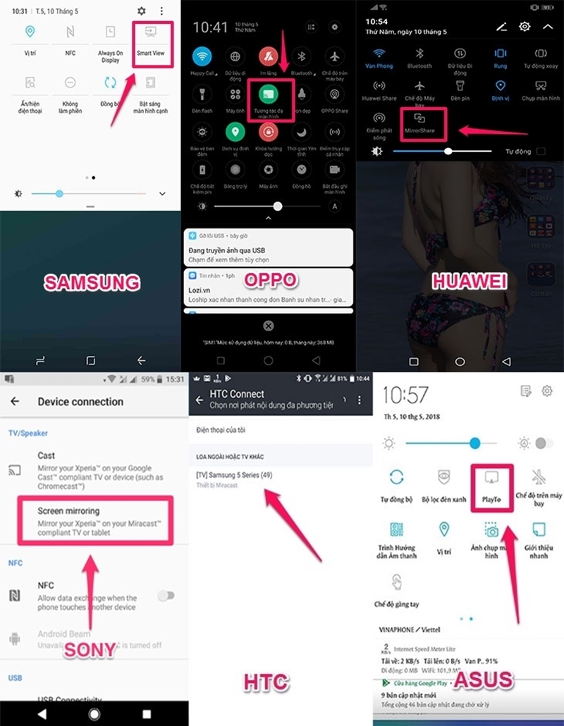 sử dụng công dụng Phản chiếu màn hình hiển thị từng điện thoại cảm ứng game android (samsung, oppo, sony ..)như hình minh họa.