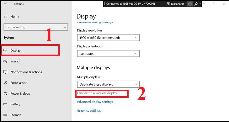 Chọn Display > Nhấn vào mục Connect to a Wireless display (Windows P). Chọn Display > Nhấn vào mục Connect to a Wireless display (Windows P).