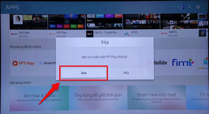 Chọn xóa để gỡ bỏ ứng dụng khỏi tivi casper
