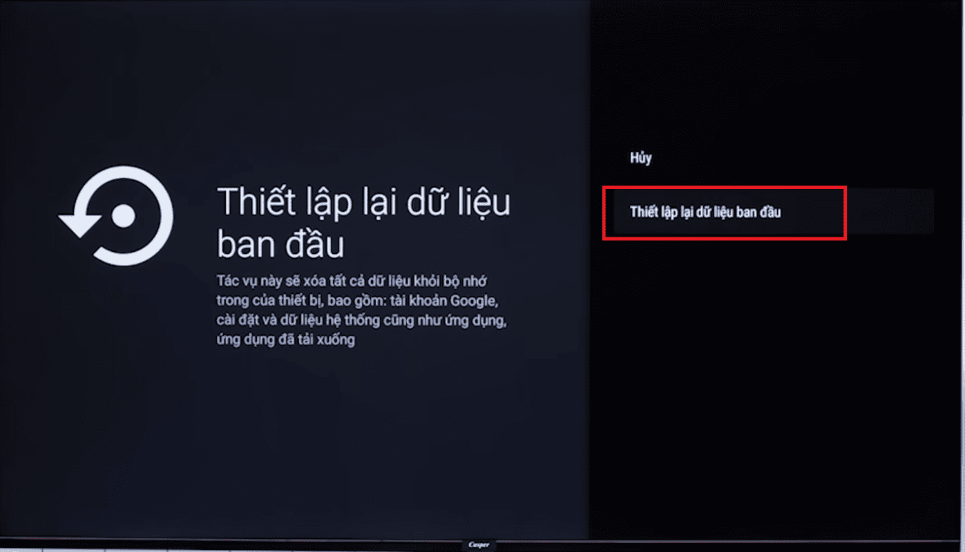 chọn thiết lập dữ liệu ban đầu của tivi casper