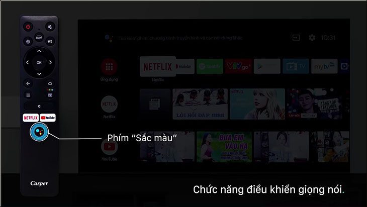 Ấn phím sắc màu kích hoạt chức năng điều khiển giọng nói Ấn phím sắc màu để bắt đầu cài đặt tìm kiếm và điều khiển bằng giọng nói cho tivi casper