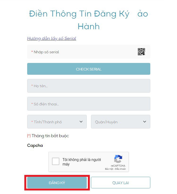 nhấn Đăng ký để kích hoạt bảo hành Casper