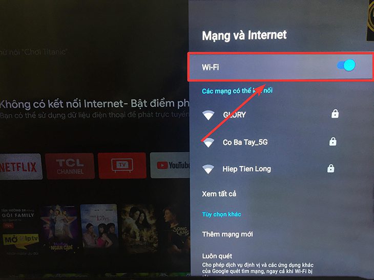 Bạn chỉnh tính năng Wi-Fi sang ON. bật kết nối wifi